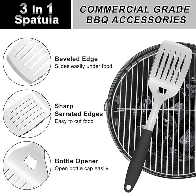 Grill Tools BBQ Accessories Set of 2, 15.8'' Heavy Duty Stainless Steel Grill Utensils with Grill Spatula and Fork, Full Tang Silicone Handle, Outdoor Grilling Tools Barbecue Accessories by GreenHaven Gardens