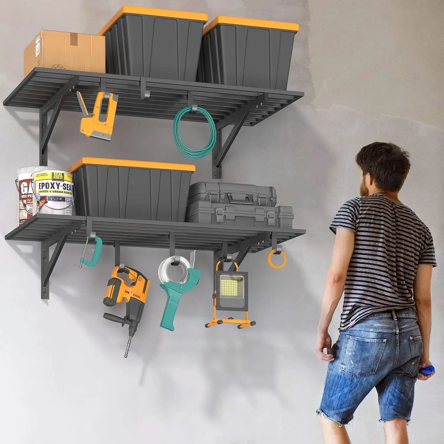 2x4ft Heavy Duty Garage Shelving, 2' x 4' Garage Wall Shelving Wall Mounted, 200LB Capacity Storage Rack with Hooks (1pack-2x4ft) by GreenHaven Gardens