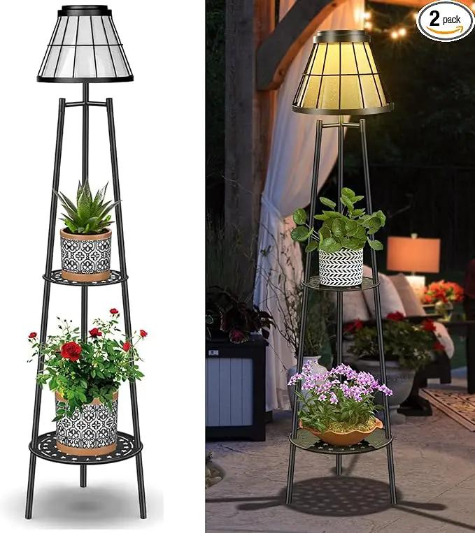 2 Pack Solar Lights Outdoor with Plant Stands, Solar Floor Lamp Metal Tripod Patio Lights for Garden Yard Pathway Driveway Front/Back Porch Decoration by GreenHaven Gardens