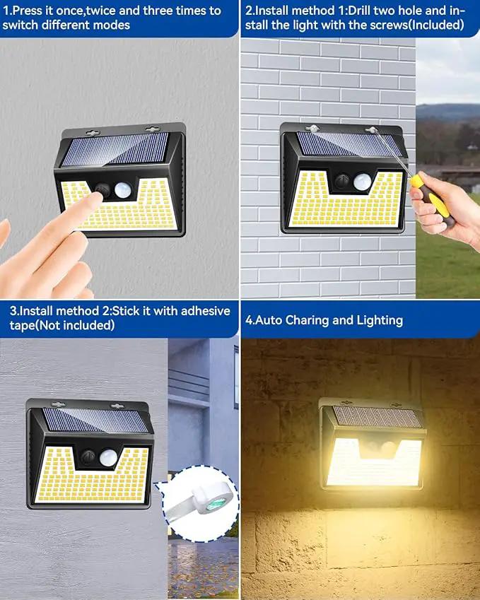 Peasur LED Solar Lights Outdoor Motion Sensor, 2 Packs Waterproof Solar Power Fence Security Lighting, 3 Mode Yard Deck Lamp for Wall Stairs Home Outside Warm White by GreenHaven Gardens