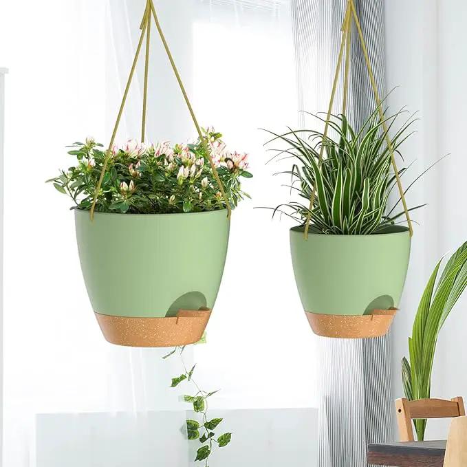 ZMTECH 10 Inch Hanging Planters for Indoor Outdoor Plants, 2 Pack Self Watering Hanging Plant Pots with Drainage Holes and Removable Saucer, Plastic Flower Hanging Pots with Watering Lip (Green) by GreenHaven Gardens