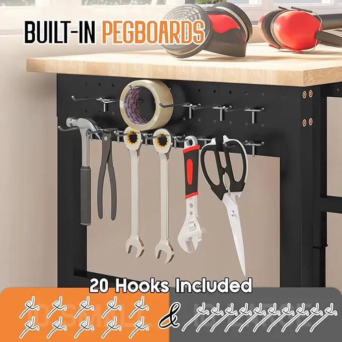 Albott 84" Adjustable 2-Tier Workbench with Solid Wood Top, Max 2000lbs Capacity, Built-in Power Strip with 4 AC Outlets & 2 USB Ports, Pegboard & 20 Hooks, Shop Garage Office by GreenHaven Gardens