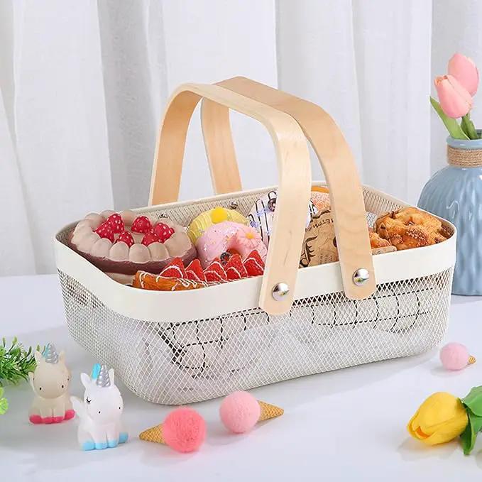 Metal Mesh Steel Basket, Storage Organizer Basket Garden Harvest Basket Multi-functional Kitchen Fruit Baskets Bin with Wooden Handle for Bathroom Picnic Shopping Decor Cabinet Home, White by GreenHaven Gardens