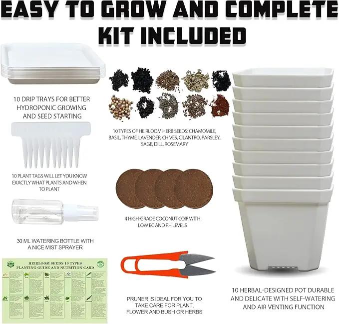 10 Herb Seeds Garden Starter Grow Kit with White Pots, Markers, Nutritional Soil, Watering, Herb Clipper, Complete Indoor Potted Plant Growing Set for Kitchen DIY by GreenHaven Gardens