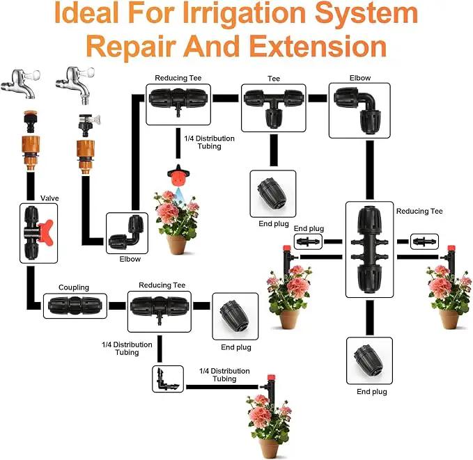 12 Pcs 1/2 inch to 1/4 inch Drip Irrigation Tubing Fittings, 1/2" Drip Tubing (1/2" ID x 0.65" OD) to 4 Way 1/4" Irrigation Tubing Locked Barbed Reducing Tee Connectors for Garden Systems by GreenHaven Gardens