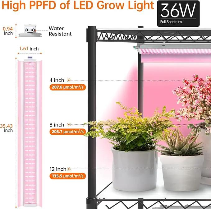 Plant Shelf with Grow Lights, 5 Tier Large Tall Plant Stand with 3FT T5 144w Grow Light for Indoor Plants, 3 Mode Full Spectrum LED Plant Light with wheel and Timer for Seedling, 47.2x17.8x71IN by GreenHaven Gardens