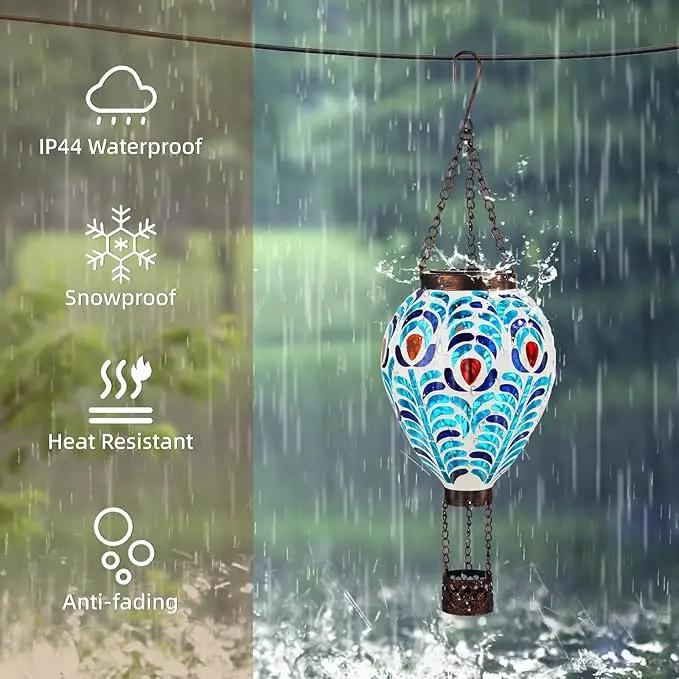 VOREEN Hot Air Balloon Solar Lantern, Mosaic Solar Outdoor Hanging Wind Light, Waterproof, Patio Festive Decor, Easter Gifts for Mom Father Grandma, Peacock Feather Design by GreenHaven Gardens