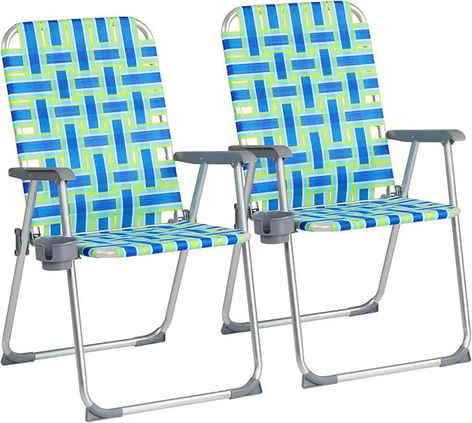 VINGLI Aluminum Patio Lawn Chairs Folding Set of 2 with Detachable Cup Holder, Webbed Beach Chair Folding Chair Outdoor Portable Camping Chair for Yard, Garden Blue alulawnchair by GreenHaven Gardens