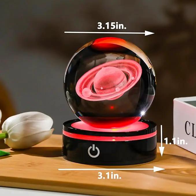 YWHL 3D Crystal Ball with LED Light Base, 3D Laser Engraved Glass Sphere Galaxy Crystal Ball for Home Decorations, Planet Saturn Lamp Gifts for Mother's Day Birthday Christmas (80mm) by GreenHaven Gardens