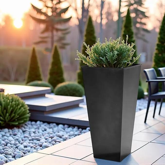 WORTH Garden 25" Large Metal Glazed Planter Set of 2, Luxurious Glossy Finish Black Tall Square Tapered Steel Plant Pots, Decor Flower Pot Indoor & Outdoor, Drainage Hole & Dual-Purpose Plant Saucer by GreenHaven Gardens