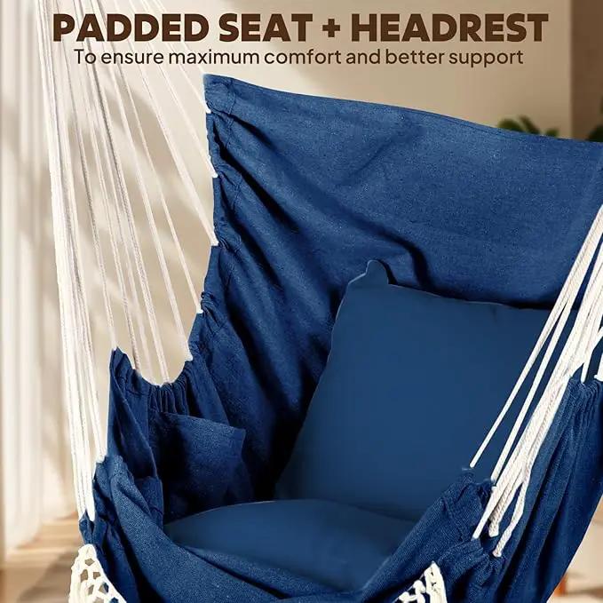 Chihee Hammock Chair Hanging Chair with Foot Rest 2 Cushions Max 500lbs Robust Metal Spreader Bar Collapsible Easy Storage Soft Cotton Swing Chair Strong Strap Iron Carabiner Side Pocket Included by GreenHaven Gardens