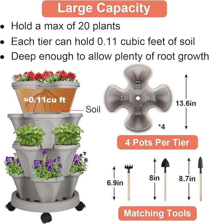 Vertical Planter 4 Tier Stackable Planters Garden Planters Strawberry Herb Flower and Vegetable Planter Indoor Outdoor Gardening Pots with Removable Wheels and Tools 2-Pack by GreenHaven Gardens
