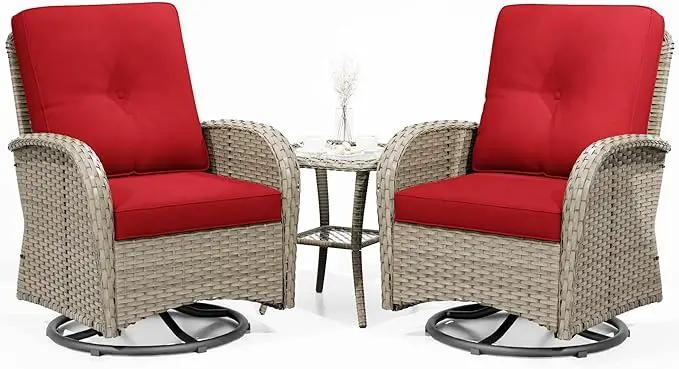 Joyside Outdoor Swivel Rocker Chairs, 3 Piece Wicker Patio Set with Thick Cushion and Side Table, Rattan Patio Swivel Rocking Chairs for Porch, Deck Use (Natural/Red, 3 PCS) by GreenHaven Gardens