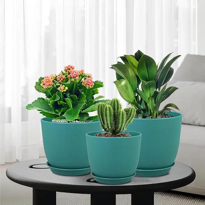 Flower Pots 10/9/8 inch, Set of 3 Modern Decorative Plastic Planters with Drainage Holes and Tray for House Plants Indoor Flowers Plants, Plant Pots for Indoor Outdoor Plants, Blue Green by GreenHaven Gardens