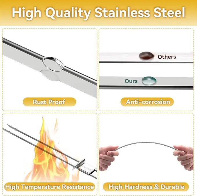 Skewers for Grilling, 17" (6 Pcs) Wooden Handle Double Pronged Stainless Steel Flat Kabob Skewers with Push Bar, Reusable Long Metal Skewer Sticks for Meat Chicken Vegetable, BBQ Accessories by GreenHaven Gardens