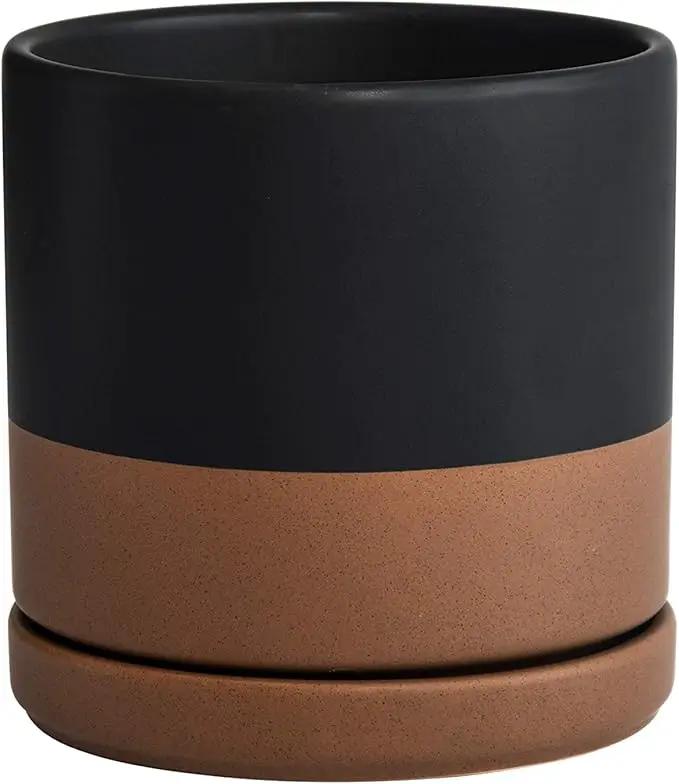 D'vine Dev 6 Inch Ceramic Planter Pot with Drainage Hole and Saucer, Indoor Cylinder Round Planter Pot, Black/Speckled Tan, 94-O-C-7 by GreenHaven Gardens