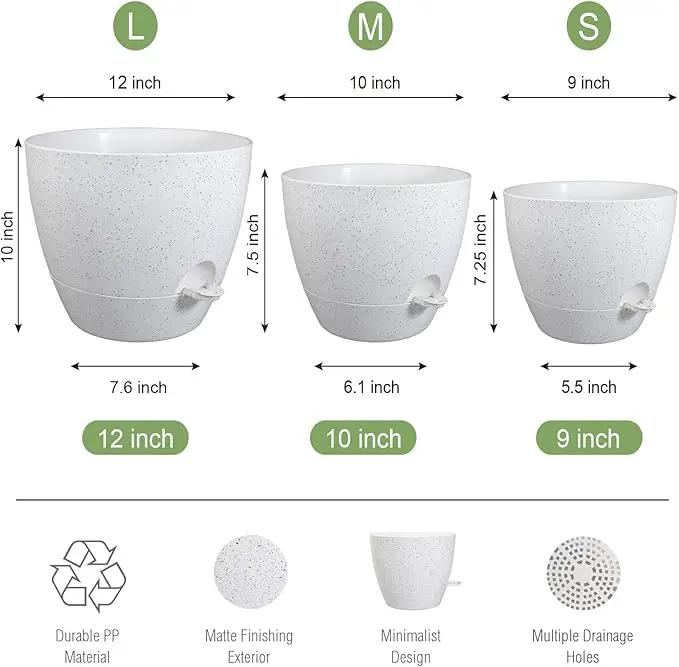 Large Self Watering Pots, 12/10/9 Plastic Planters with High Drainage Holes and Deep Reservoir for Indoor Outdoor Garden Plants and Flowers, White Speckles by GreenHaven Gardens