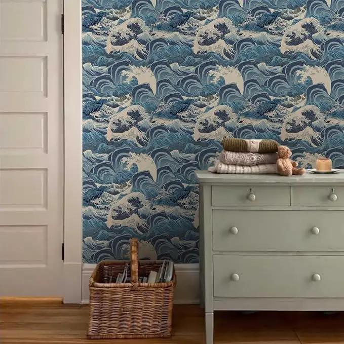 Hand Drawn Blue Sea Wave Reef Peel and Stick Wallpaper Self Adhesive Removable Easy Peel Off Stick on Wall Paper for Bedroom Cabinet Renter Friendly by GreenHaven Gardens