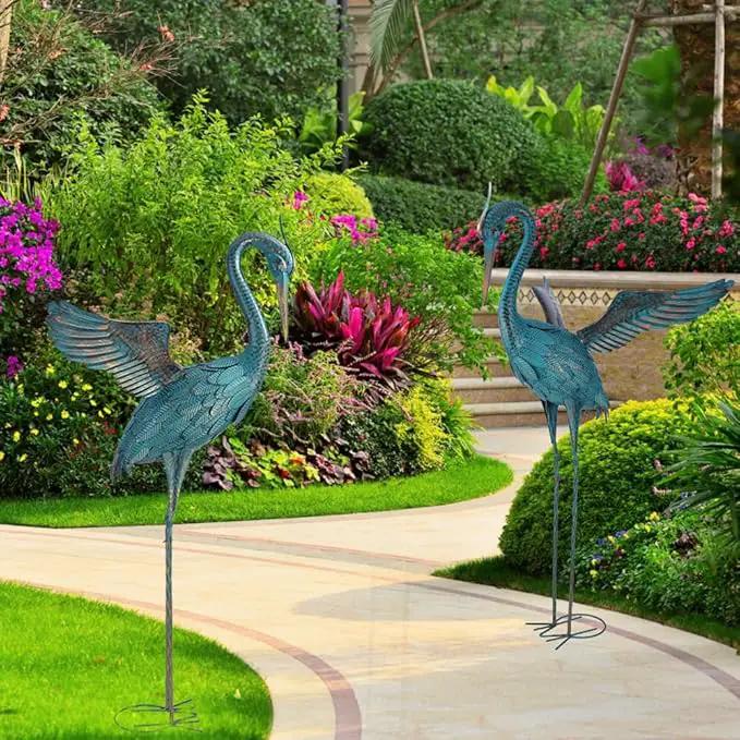 44'' Blue Heron Garden Statue, Large Crane Outdoor Statue, Crane Metal Yard Art for Outside Backyard, Pond, Patio, Lawn Decor by GreenHaven Gardens