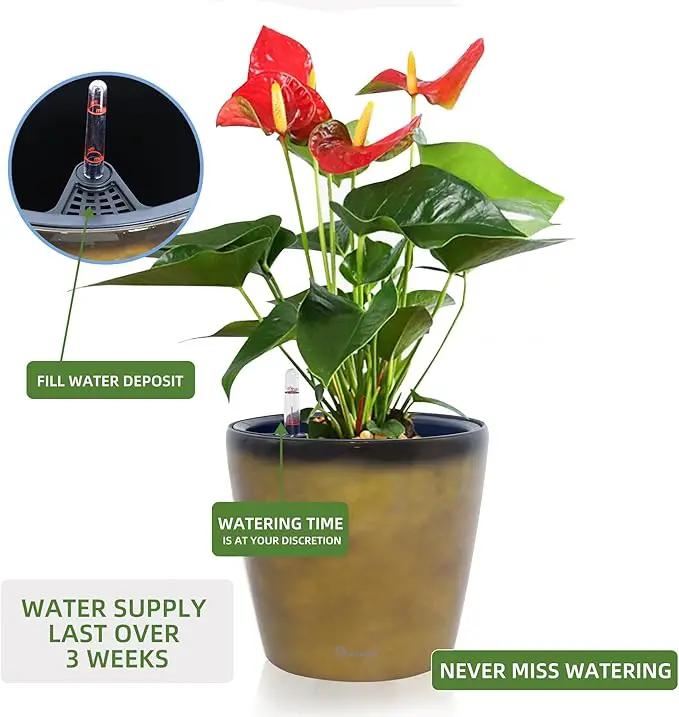 Dexceder 9x8 Inches Self Watering Planter Indoor Outdoor, Inner Pot Design, Thickened Table Flower Plant Pot with Water Level Indicator (Yellow Brown Gradient) by GreenHaven Gardens