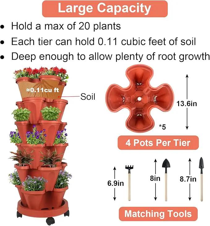 Vertical Planter 6 Tier Stackable Planters Garden Planters Strawberry Herb Flower and Vegetable Planter Indoor Outdoor Gardening Pots with Removable Wheels and Tools by GreenHaven Gardens