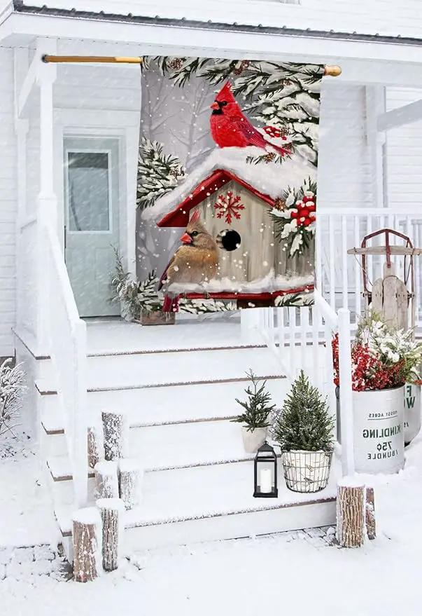 BLKWHT Winter Cardinal Bird House Flag 28 x 40 Vertical Double Sided Trees Snow Christmas Holiday Outside Decorations Burlap Yard Flag BW735-40 by GreenHaven Gardens