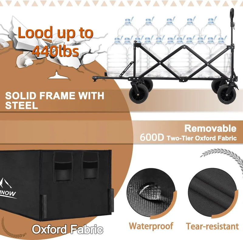 Collapsible Beach Wagon Cart with Big Wheels, 440LBS Upgrade Large Capacity Folding Wagon, Foldable Grocery Cart with Side Pocket and Brakes, Ideal for Sand Camping Outdoor Garden Sports, Black by GreenHaven Gardens