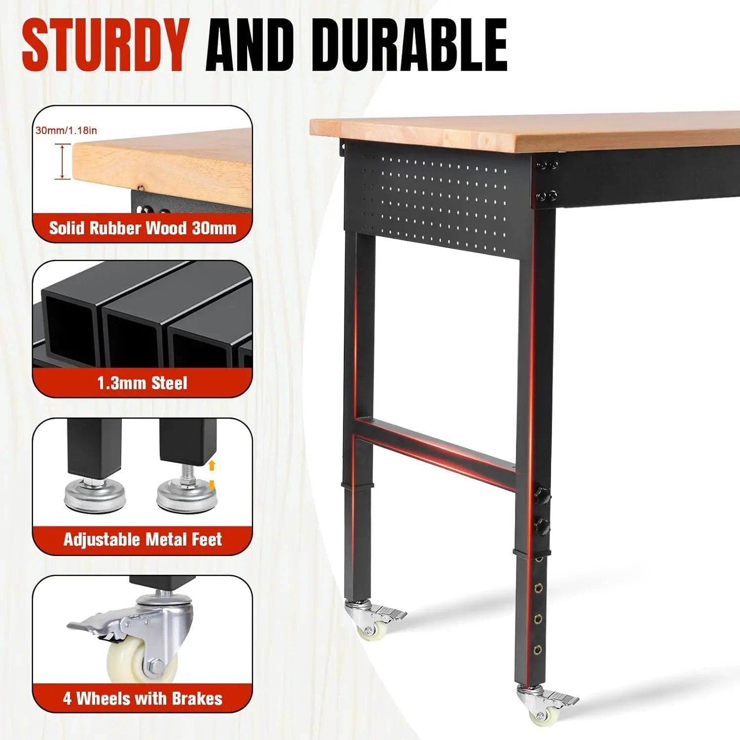Adjustable Height Workbench, Heavy Duty Table Rubber Wood Workstation with Power Outlet & Pegboard for Garage, Office, Workshop, Home,Commercial (48"×24"|Wheels) by GreenHaven Gardens