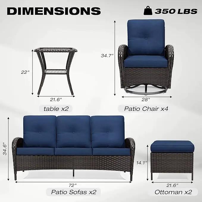 Joyside 10 Piece Patio Furniture Set, Outdoor Wicker Conversation Sets with Swivel Rocker Chairs and Sofa, Thick Cushion, Rattan Patio Sectional for Porch, Deck Use (Brown/Blue, 10 PCS) by GreenHaven Gardens