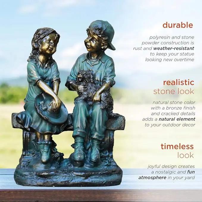 Alpine Corporation 16" Tall Indoor/Outdoor Girl and Boy Sitting on Bench with Puppy Statue Yard Art Decoration by GreenHaven Gardens