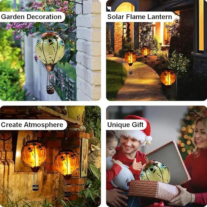 Hot Air Balloon Solar Lantern with Flickering Flame, Glass Hanging Garden Lights Outdoor Waterproof for Tree Yard Patio Mother's Day Gift, 18" H Bee by GreenHaven Gardens