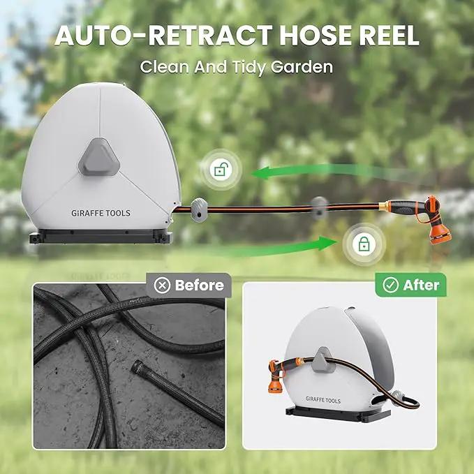 Giraffe Tools Ground Mounted Retractable Hose Reel 1/2 Inch x 82FT, Heavy Duty Automatic Rewind Garden Hose Reel, with Flexible Swivel Base for Lawn, Concrete Floor by GreenHaven Gardens
