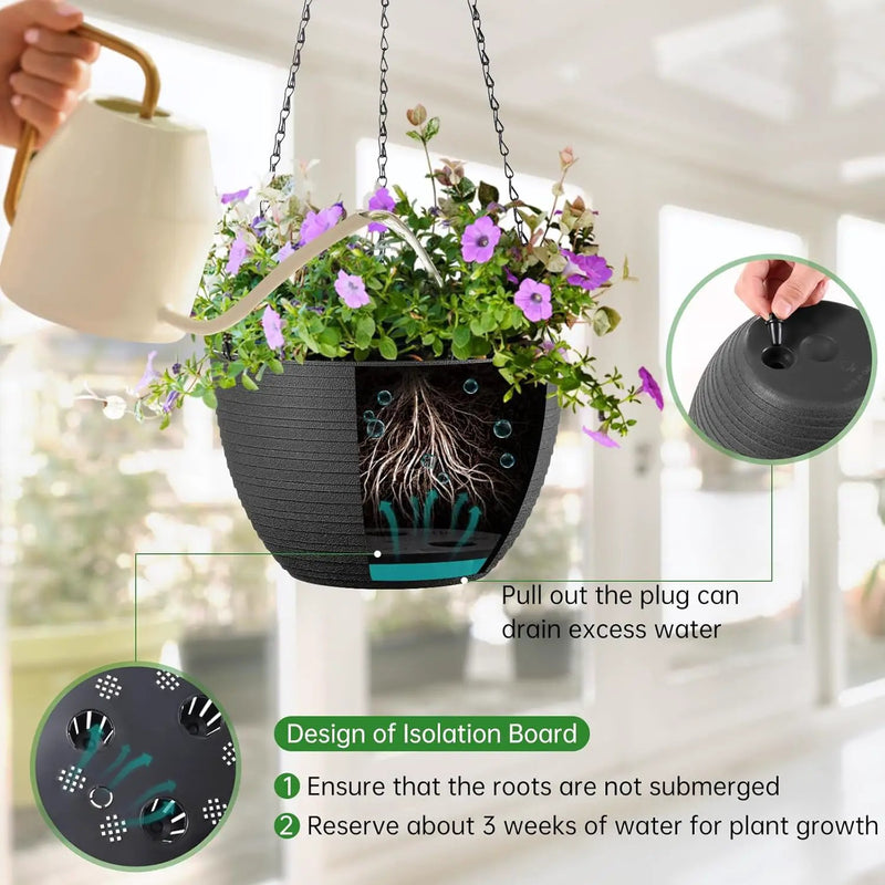 Hanging Planters for Indoor Outdoor Plants, Set of 2 Self Watering Hanging Pots with Drainage Hole & Plug and 20" Chain & Hooks by GreenHaven Gardens