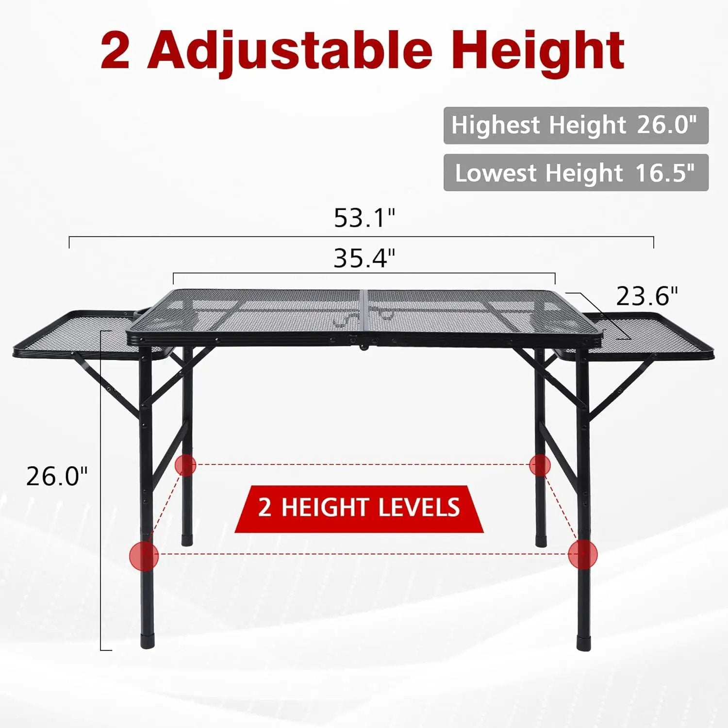 Folding Grill Table, 3x2 FT Portable Camping Table with 2 Wing Panels, Height Adjustable Metal Tables with Mesh Desktop and Mesh Bag, Outdoor Furniture for Camping, Picnic, Beach and BBQ, Black by GreenHaven Gardens