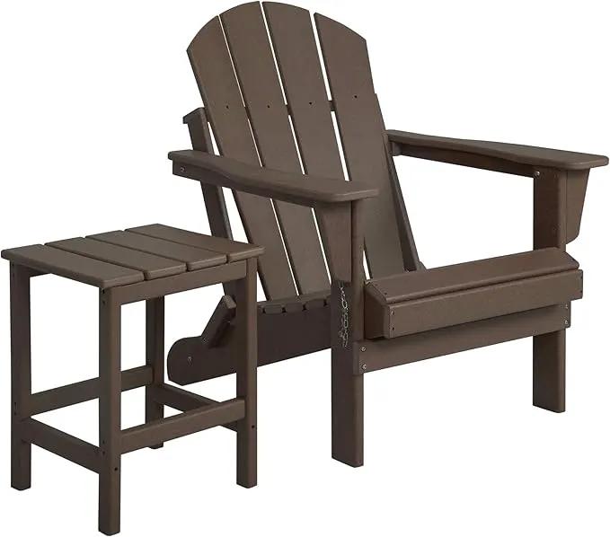WO Home Furniture Adirondack Chair Table Set of 2 PCS Outdoor Folding Chair w Side Table Weather/UV Resistant for Lawn, Garden, Bon Fire, Balcony (Dark Brown) by GreenHaven Gardens
