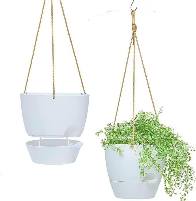8 inch Hanging Planters, 2 Pack Self Watering Hanging Pots with 20oZ Deep Reservoir for Indoor Outdoor Plants Flowers, White by GreenHaven Gardens