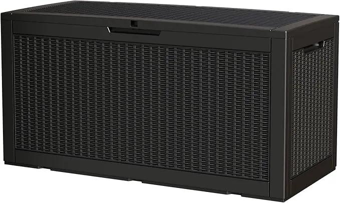 100 Gallon Storage Box, Waterproof Resin Deck Box with Hydraulic Piston Design, Lockable Storage Bench for Package Delivery, Storage Bin for Patio Cushions, Garden Tools, Black by GreenHaven Gardens