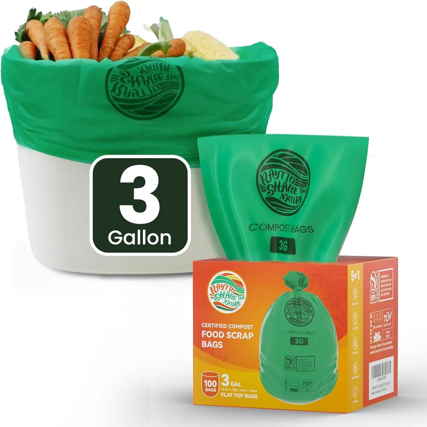 Compost Bags 3 Gallon,100 Count,Compost Food Scrap Waste Bags Fits Countertop Bin,Small Kitchen Food Scrap Waste Bags,Compost bin bags,Certified by BPI,ASTM D6400 and OK compost HOME certified by GreenHaven Gardens
