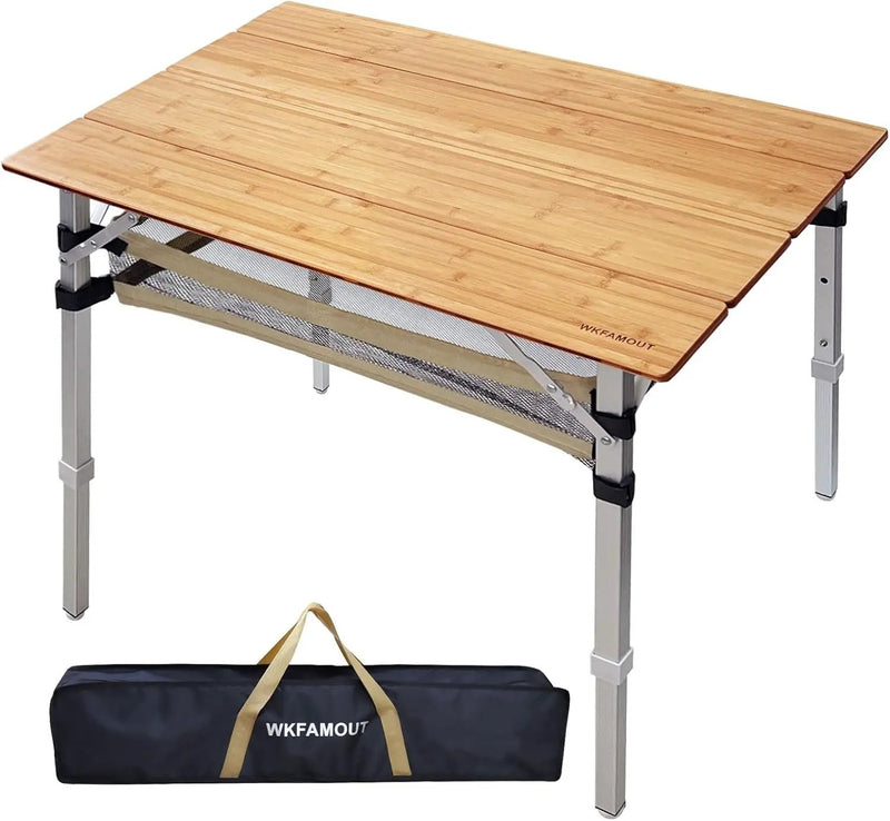 Bamboo Folding Camping Table 4 Folds with Adjustable Aluminum Legs Portable Picnic Table with Storage and Carry Bag for Outdoor Hiking Beach 3-5 Person by GreenHaven Gardens