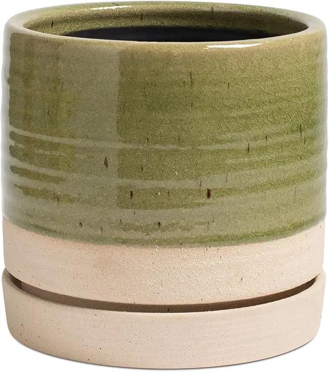 6 Inch Plant Pots, Ceramic Planter Pot with Drainage Hole & Saucer, Indoor/Outdoor Cylinder Round Planter Pot, Green & Beige by GreenHaven Gardens