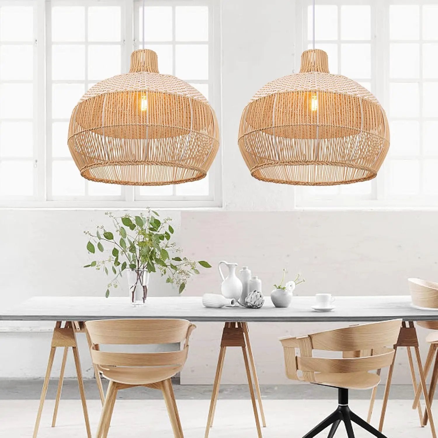 Arturesthome 1 Light White Rattan Pendant Light for Kitchen Island Sink,19.6" Wicker Chandelier, Handmade Woven Hanging Ceiling Light Lampshade by GreenHaven Gardens