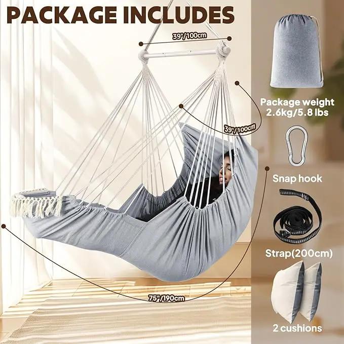 Chihee Hammock Chair Hanging Chair with Foot Rest 2 Cushions Max 500lbs Robust Metal Spreader Bar Collapsible Easy Storage Soft Cotton Swing Chair Strong Strap Iron Carabiner Side Pocket Included by GreenHaven Gardens