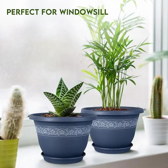 10 Inch Plant Pots with Drainage Hole - Lightweight Flower Pots for Herbs and Flowers - Home Decor Plastic Planters for Indoor Outdoor Plants- Pack of 4 (Blue, 10 inch) by GreenHaven Gardens