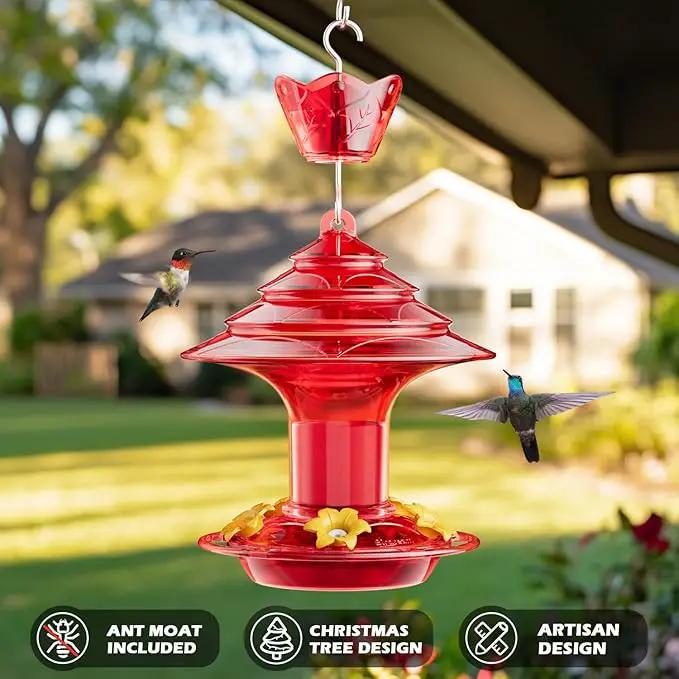 Birdream Hummingbird Feeder for Outdoors Hanging, 20oz Hummingbird Feeders with 5 Bee Guard Feeding Ports & Built-in Ant Moat Brush Leak-Proof for Outside Gifts for Women - Solid Red by GreenHaven Gardens
