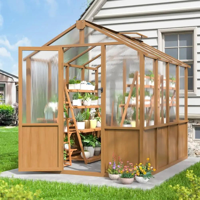 6x8 FT Greenhouse, Wooden Walk-in Greenhouse for Outdoors with 6MM Thick Polycarbonate Panel and Adjustable Roof Vents, Garden Backyard, Patio, Lawn, Wood Colour by GreenHaven Gardens