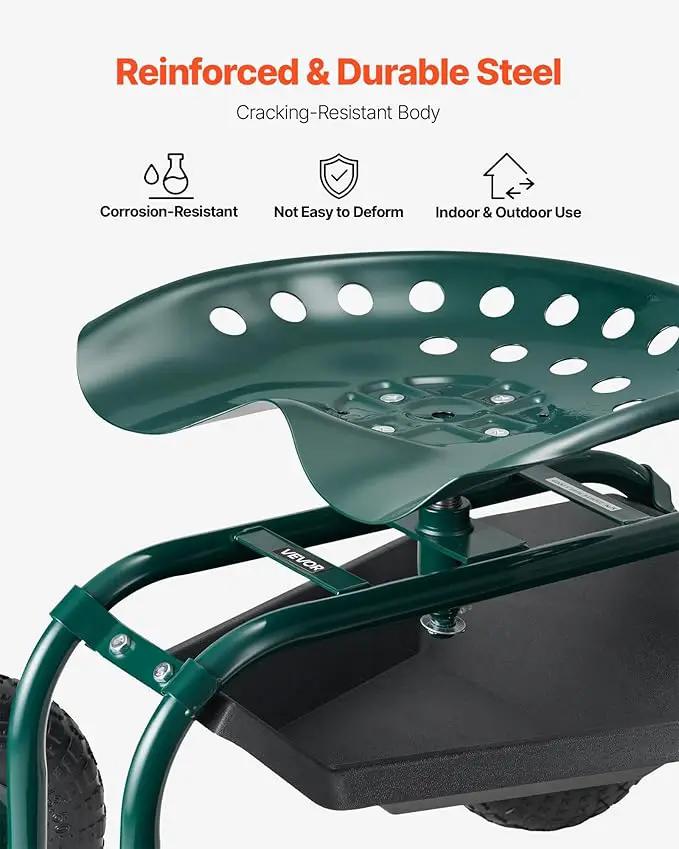 VEVOR Rolling Garden Cart with Swivel Seat, Heavy Duty Garden Seat with Storage Basket & Tool Tray, 300 lbs Weight Capacity, Outdoor Utility Gardening Stool Scooter for Lawn Yard Planting Weeding by GreenHaven Gardens