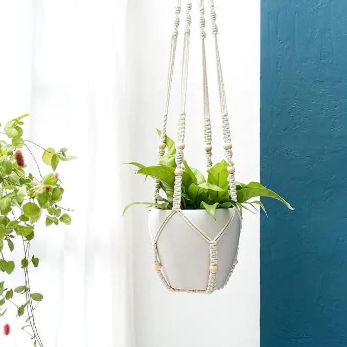 Mkono 43 Inch Macrame Plant Hanger Large for up to 12 Inch Pot Extra Long Hanging Plant Holder No Tassels Hanging Planter Basket with Wood Beads for Indoor Outdoor Boho Home Decor, Ivory by GreenHaven Gardens