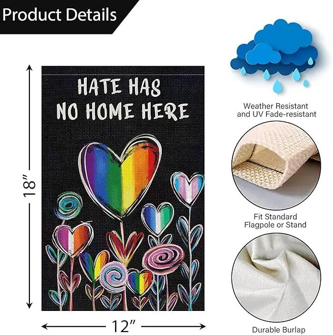 Hate Has No Home Here Pride Garden Flag 12x18 Double Sided Burlap, Small Rainbow Love Heart Gay Lesbian LGBT Pansexual Yard Sign Banner for Pride Month Porch Outdoor Decor by GreenHaven Gardens