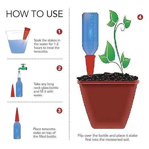 Plant Self-Watering Stakes for Indoor Outdoor Plants (4 Count) Terracotta Plant Watering Spikes for Recycled Wine Bottles to Water Plant at Home or on Vacation - Automatic Irrigation System for Plants by GreenHaven Gardens