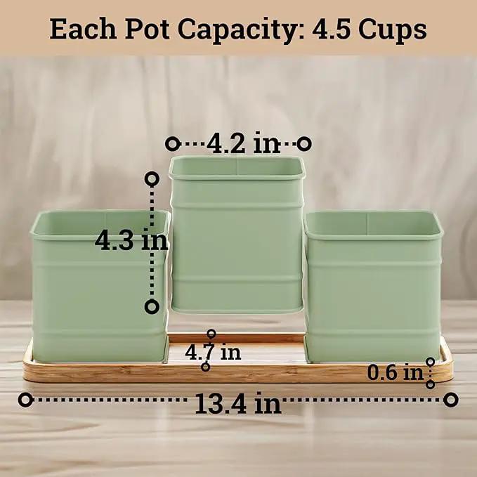 Herb Planter Indoor - 3 Iron Herb Pots with Drainage Holes, Varnished Bamboo Tray, Customizable Labels & Marker Pen - Indoor Herb Garden Planter - 3 Pots for Herbs - Inside Spice Garden - Basil Pot by GreenHaven Gardens